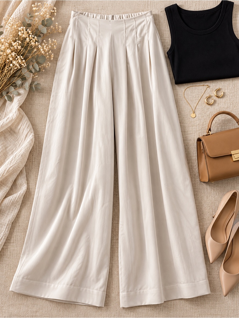 VICI x Amber Lancaster Ivory Satin Pleated Wide Leg Pants Medium